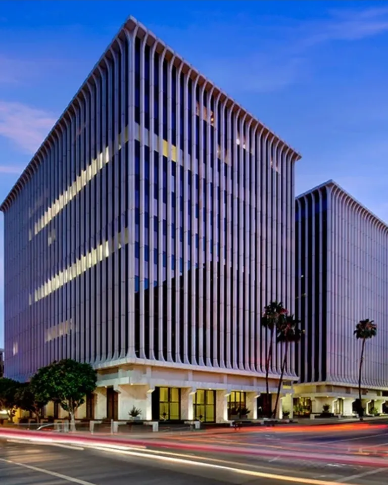 The 9100 Wilshire Blvd. office building in Beverly Hills, home of ABC Virtual Offices, at dusk